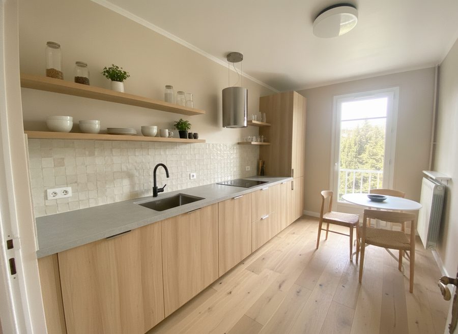 Kitchen — light wood, dining corner